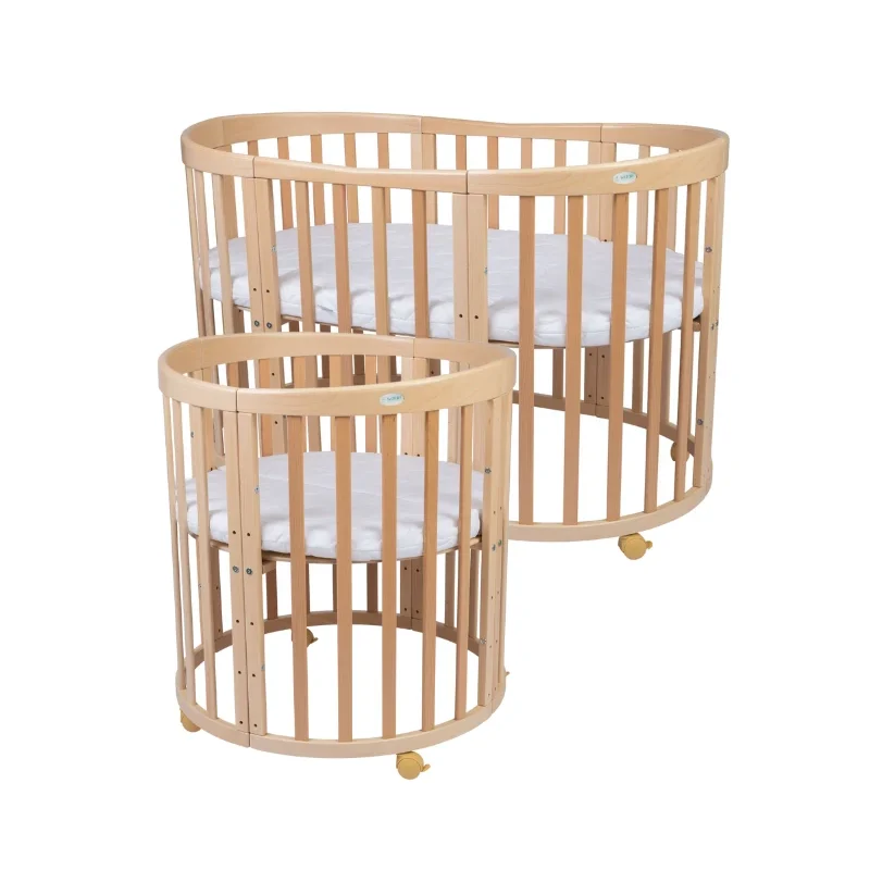 WALDIN Owalne łóżeczko 7w1 z materacem NATURALNE DREWNO