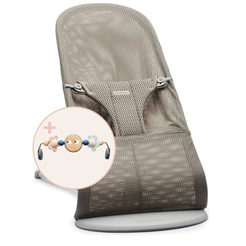 BABYBJORN - leżaczek BLISS MESH - Szarobeżowy + Zabawka Googly Eyes Pastels