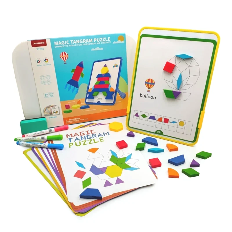 Magnetyczna mozaika Tangram z tablicą - 128 el. + karty pracy