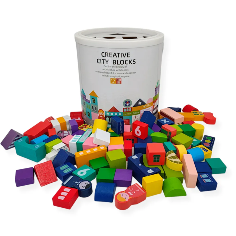 Klocki drewniane miasto sorter 100 elementów – Kabi 3+