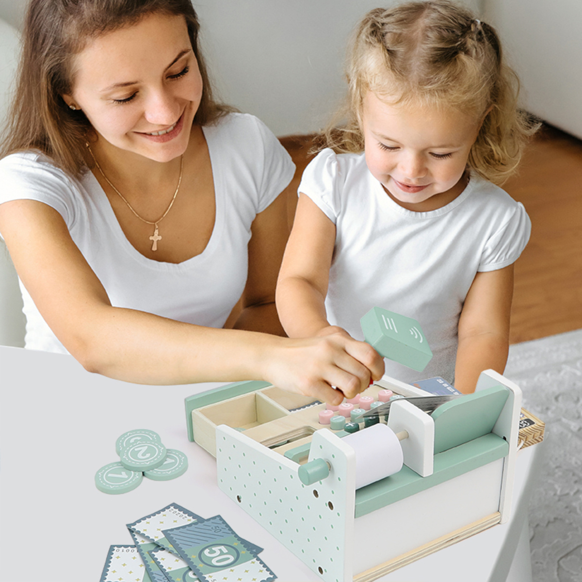 Kabi Drewniana kasa fiskalna z akcesoriami do zabawy w sklep - 3+ - obrazek 2